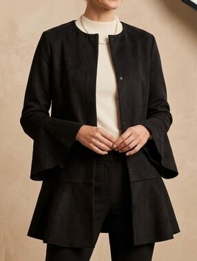 Zara Black Collarless Pea Coat with Flared Hem Soft Size Small Ptp 20" L 33"